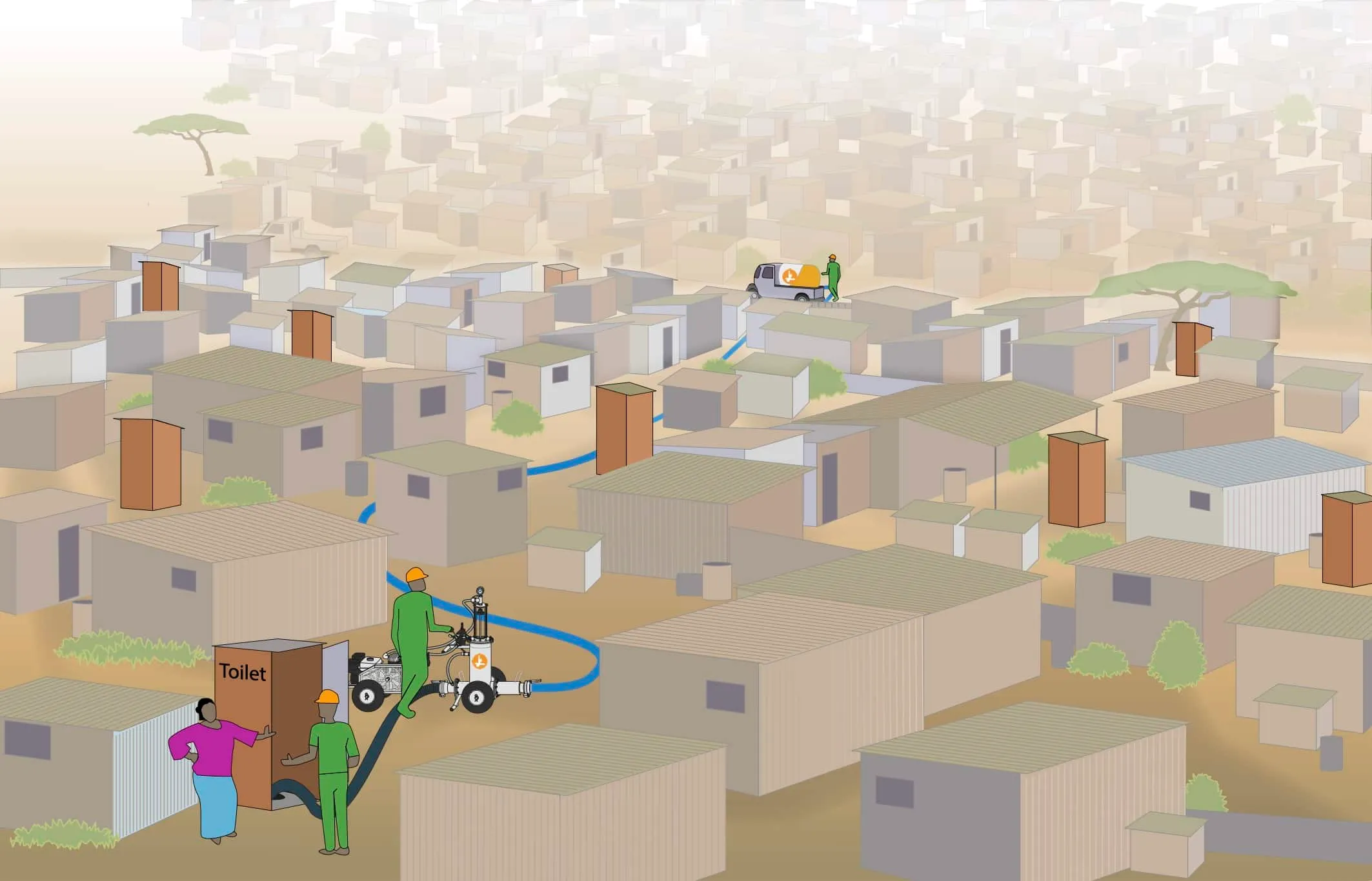 Illustration of the PuPu Pump emptying a latrine across a dense settlement